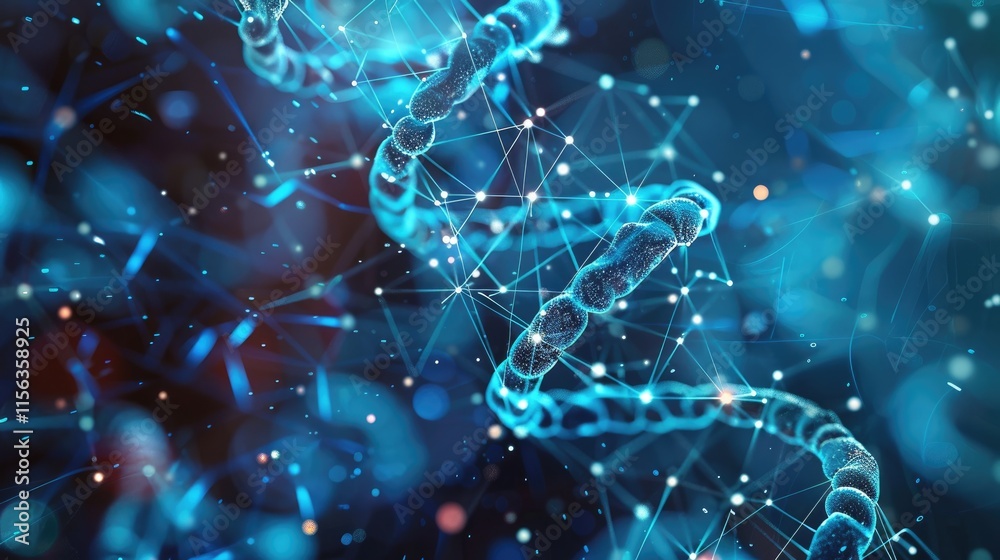 Abstract representation of DNA strands with glowing connections and particles. Abstract representation of DNA strands with glowing connections and particles.