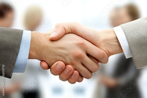 A professional shaking hands with a hiring manager, symbolizing a successful job offer, with colleagues working in the background.