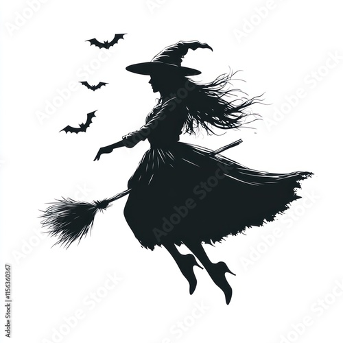 Witch silhouette flying on broom with bats. photo
