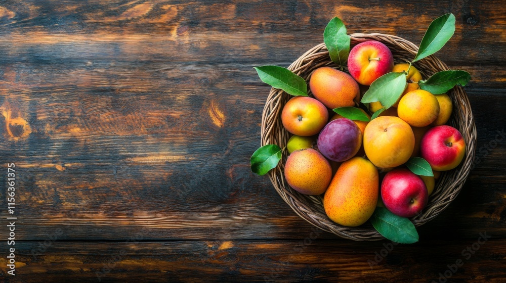 Fresh Fruits in a Wooden Basket with Natural Light Fresh Fruits in a Wooden Basket with Natural Light
