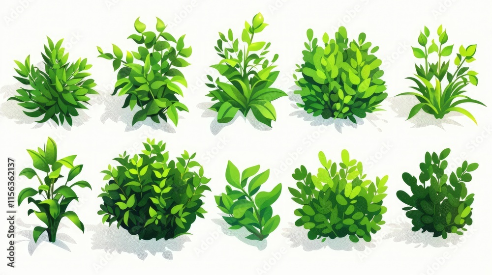 Naklejka premium Collection of Green Bushes and Shrubs