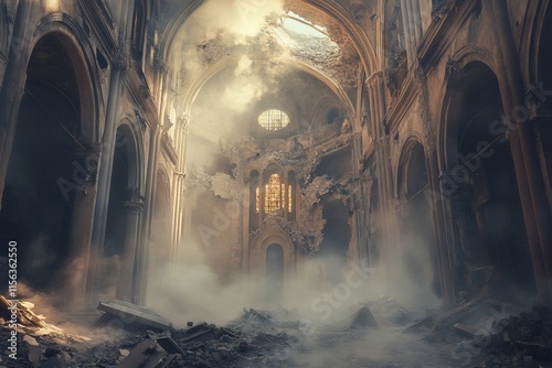 A church with smoke and debris in the background. Scene is eerie and desolate