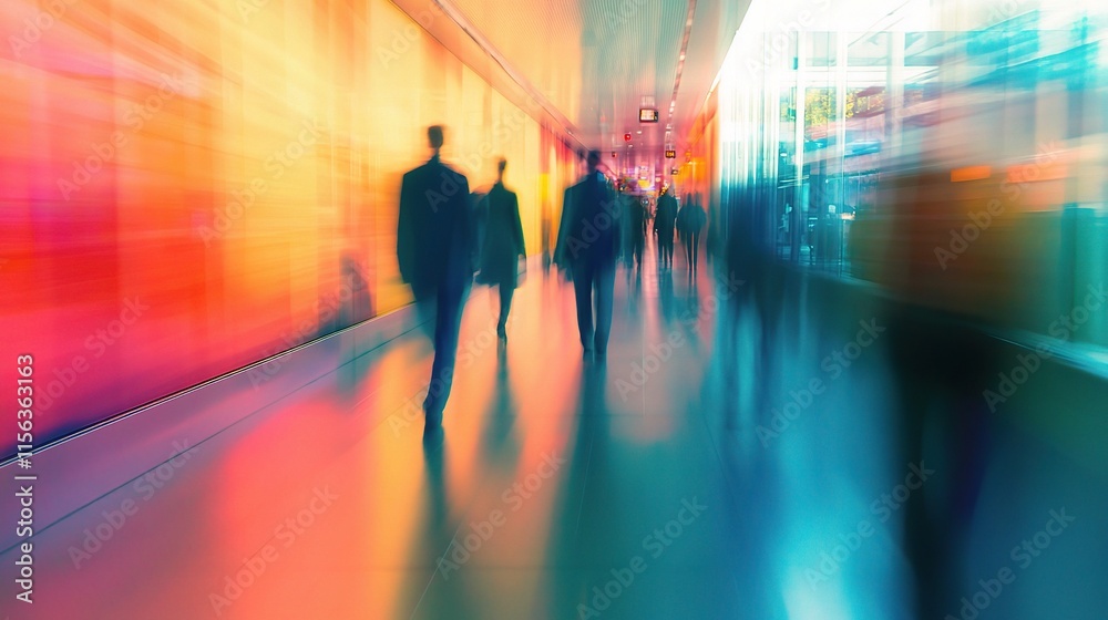 Blurred Motion of People Walking in a Colorful Corridor Blurred Motion of People Walking in a Colorful Corridor
