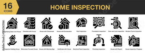 Home Inspection solid icon set. Includes safety, site, property, check, contractor, service, and More. Solid icons vector collection.