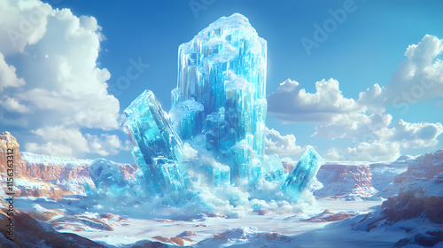 Cubes ice tower emerges like a crystal sentinel in the depths of the canyon. Frostveil. Illustration photo