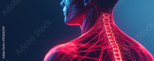 A stylized depiction of a human spine and vascular system, glowing in red against a dark background, highlighting anatomical features. photo