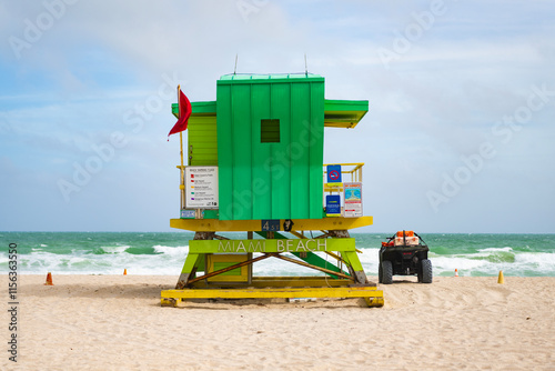 Summer vacation. Sea vacation in summer. Lifeguard hut on the beach in Miami, Florida. Lifeguard station at beach. Miami South Beach. Lifeguard tower in South beach. Lifeguard duty photo