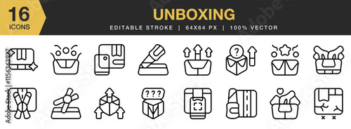 Unboxing icon set. Editable Stroke Icon Collection. Includes Open, Box, Packaging, Unpacking, Unboxing, and More. Outline icons vector collection.