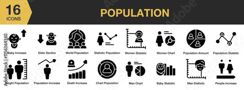 Population solid icon set. Includes demographic, infographic, statistics, increase, census, and More. Solid icons vector collection.