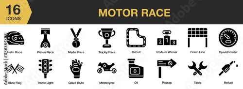 Motor Race solid icon set. Includes competition, fast, rally, formula, drive, street, and More. Solid icons vector collection.