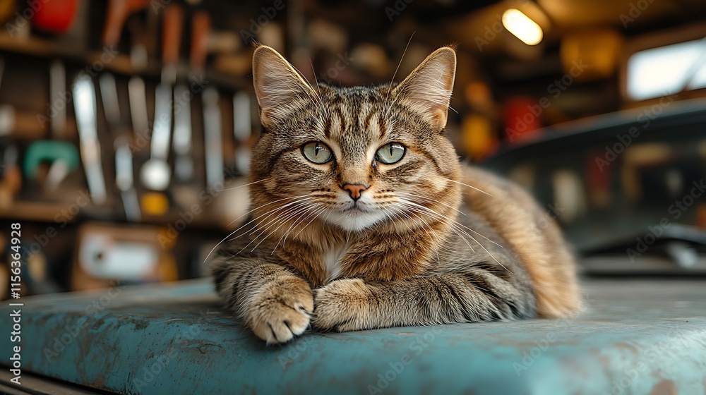 Tabby Cat Resting On A Rusted Car Hood Tabby Cat Resting On A Rusted Car Hood