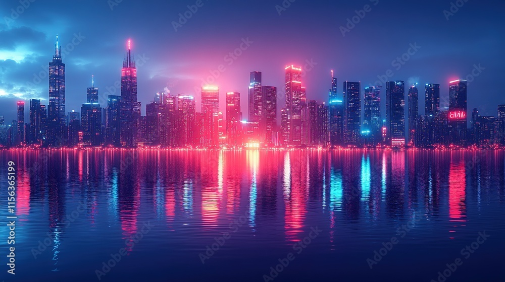 A vibrant city skyline at night, illuminated by colorful lights reflecting on water. A vibrant city skyline at night, illuminated by colorful lights reflecting on water.