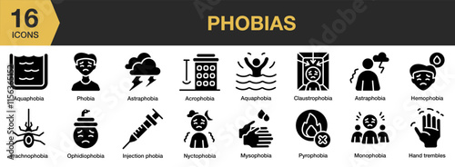 Phobias solid icon set. Includes afraid, worry, health, emotion, mental, and More. Solid icons vector collection.