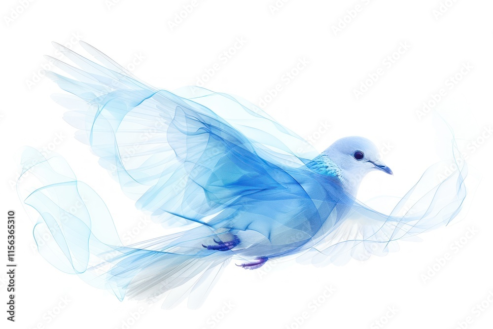 Obraz premium Abstract blue dove in flight, ethereal wings and trails, isolated on white background.