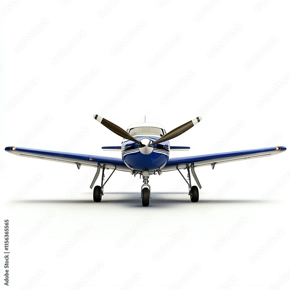 Blue and white single-engine propeller airplane isolated on white background. Blue and white single-engine propeller airplane isolated on white background.