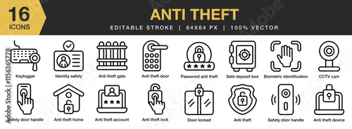 Anti Theft icon set. Editable Stroke Icon Collection. Includes Anti, Door, Hole, Key, Lock, Security, Theft, and More. Outline icons vector collection.