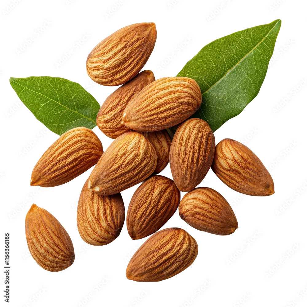 Whole and Shelled Brown Almonds on Leaves Whole and Shelled Brown Almonds on Leaves