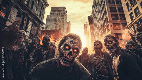 A chilling scene depicting a horde of zombies shuffling through a desolate post-apocalyptic city. Their vacant eyes and decaying bodies evoke a sense of dread amidst the crumbling urban landscape.
 photo