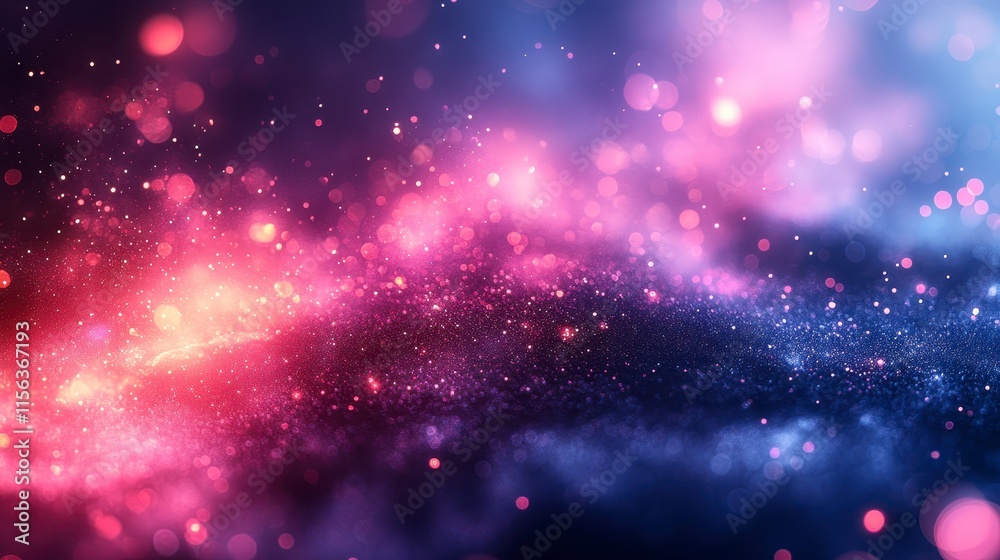 Abstract background with red, pink, and blue bokeh lights and particles.