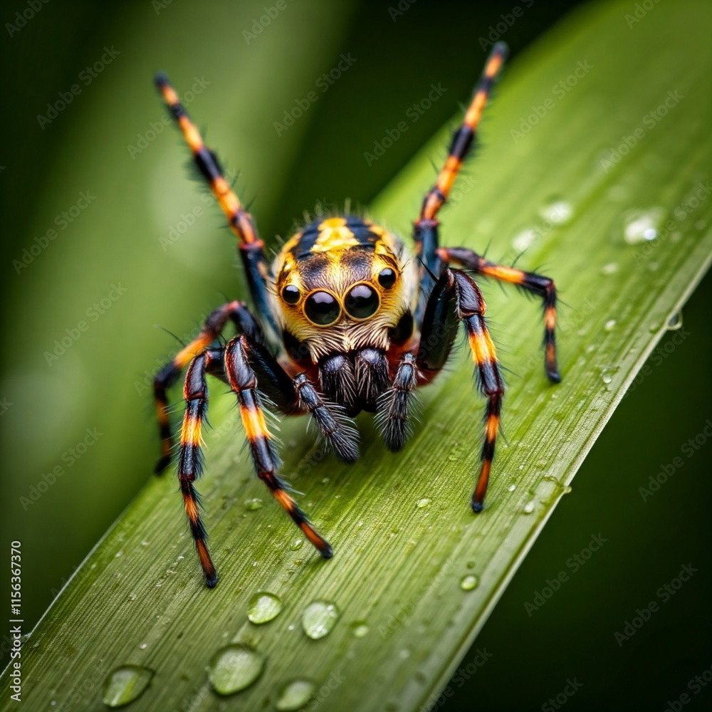 Fototapeta premium A macro photography of a spider in warm tone color. Close up photo for education. Detailed and defocused background.