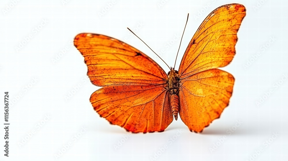 Vibrant Orange Butterfly Displaying Delicate Wings on White Surface Vibrant Orange Butterfly Displaying Delicate Wings on White Surface