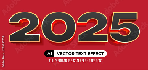 Editable black and gold 2025 text effect on a red background, vector design