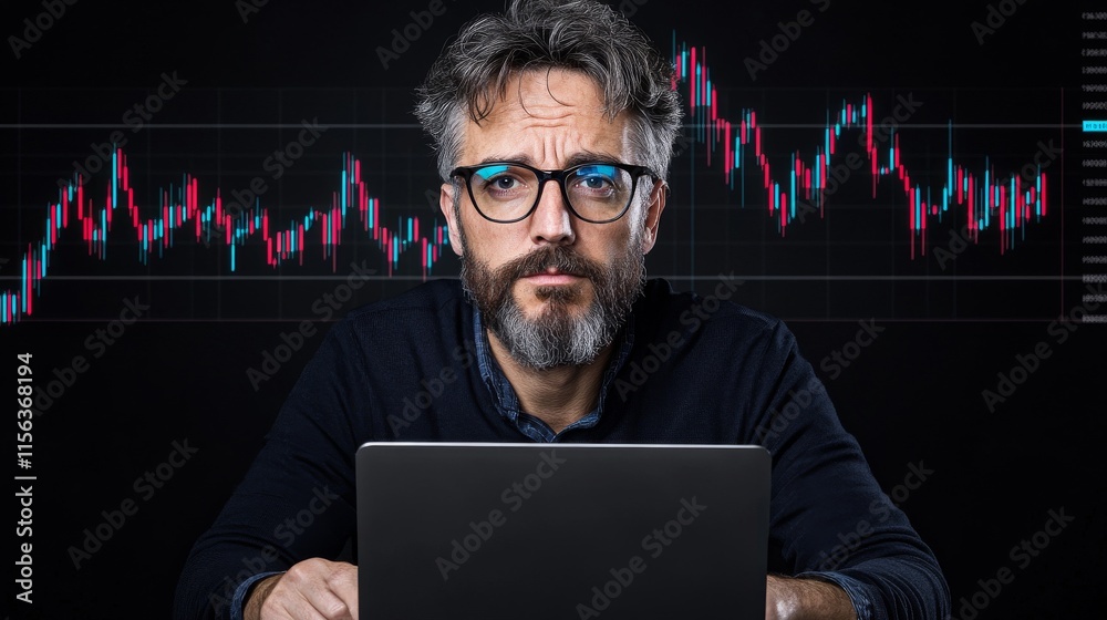 A focused man analyzes financial data on a laptop, with a stock market chart displayed in the background. A focused man analyzes financial data on a laptop, with a stock market chart displayed in the background.
