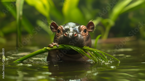 A playful pygmy hippo baby chewing on a stalk of sugarcane provided by a caretaker in a tranquil Thai wildlife park, the greenery around creating a natural paradise 