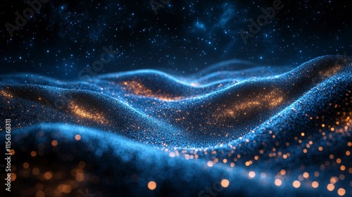 Abstract blue and gold particle wave background.