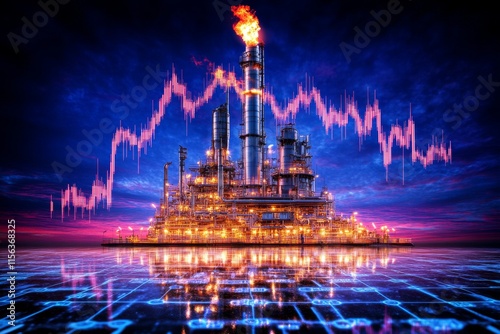 A futuristic oil refinery with flames, illuminated by a vibrant glow, set against a digital backdrop displaying fluctuating stock market trends. photo