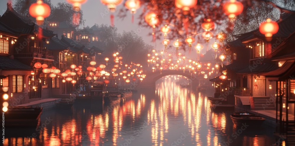 An ancient town in the Chinese style, with lanterns hanging along the river.