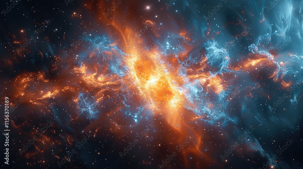A vibrant cosmic scene showcasing swirling gases and stars in a nebula. A vibrant cosmic scene showcasing swirling gases and stars in a nebula.