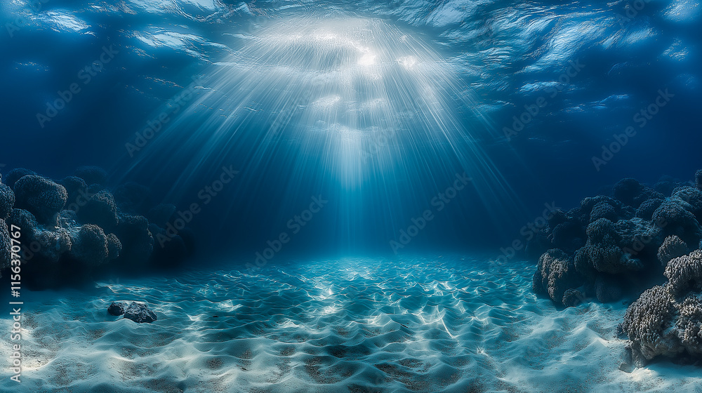Fototapeta premium This underwater scene captures tranquil beams of sunlight penetrating crystal-clear water, creating a serene atmosphere ideal for projects related to nature, wellness, or marine life.