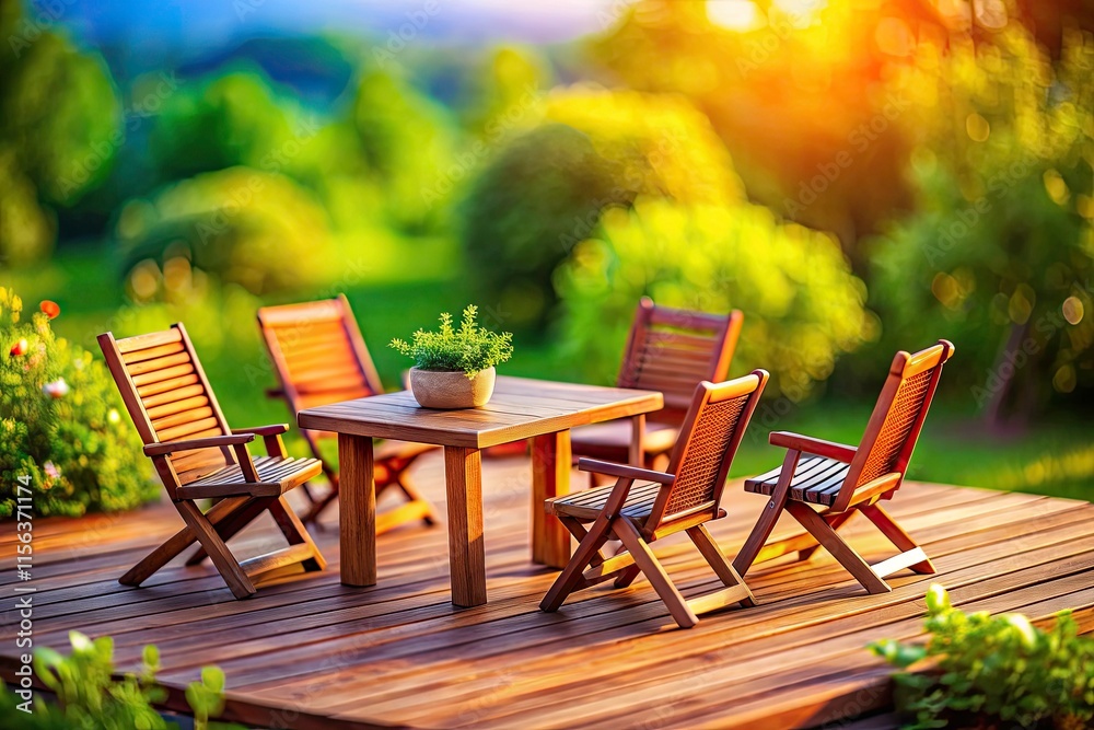 Fototapeta premium Tilt-Shift Miniature Deck Furniture: Charming Outdoor Patio Scene, Table and Chairs