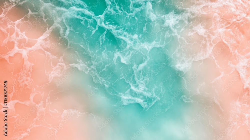 A mesmerizing aerial shot capturing the vibrant turquoise and coral hues of ocean waves forming an abstract pattern. A mesmerizing aerial shot capturing the vibrant turquoise and coral hues of ocean waves forming an abstract pattern.