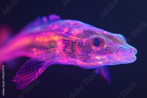 A colorful neon wireframe fish against a dark backdrop, illustrating futuristic digital art and technology themes. photo