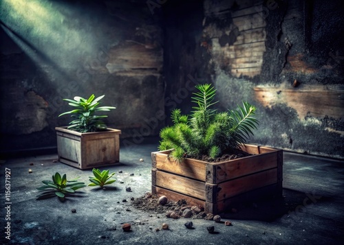 Urban Exploration Photography: Chamaedorea elegans & Crassula ovata Gollum Houseplants in Wooden Box photo