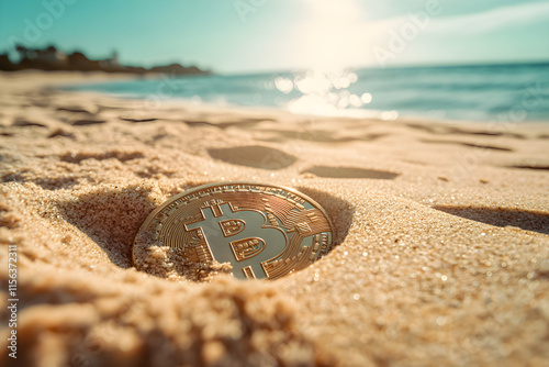 The Hidden Treasure: A Bitcoin Partially Buried in Beach Sand, Symbolizing Wealth and Adventure