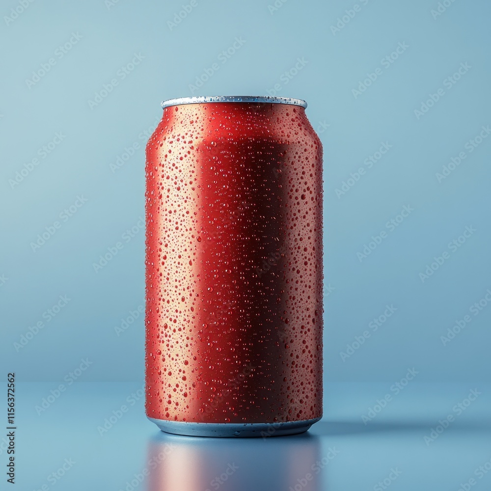 Cold red aluminum can with condensation droplets on a blue background. Cold red aluminum can with condensation droplets on a blue background.