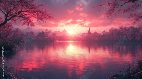 A serene landscape at sunset, with vibrant colors reflecting on a tranquil lake.