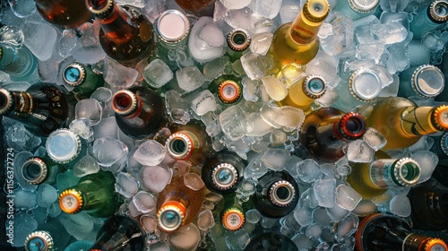 A collection of various beverage bottles and cans nestled in ice, ready for serving.