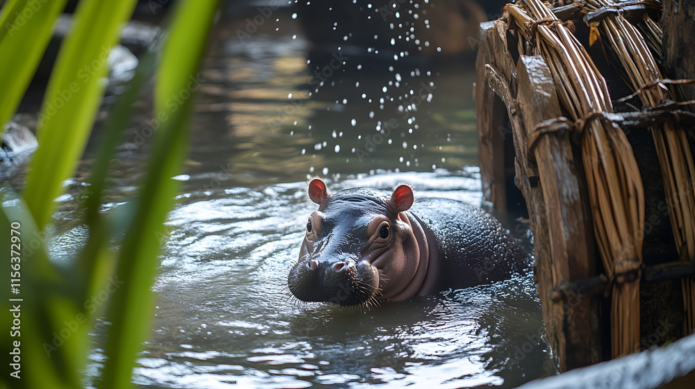 Fototapeta premium A pygmy hippo baby delighting in a cool bath under a traditional bamboo waterwheel in Thailand, with tropical plants swaying gently in the breeze around her 
