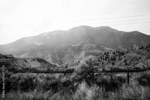 Mountain landscape with trees and dry grass on a sunny day. British Columbia, Canada.	 photo