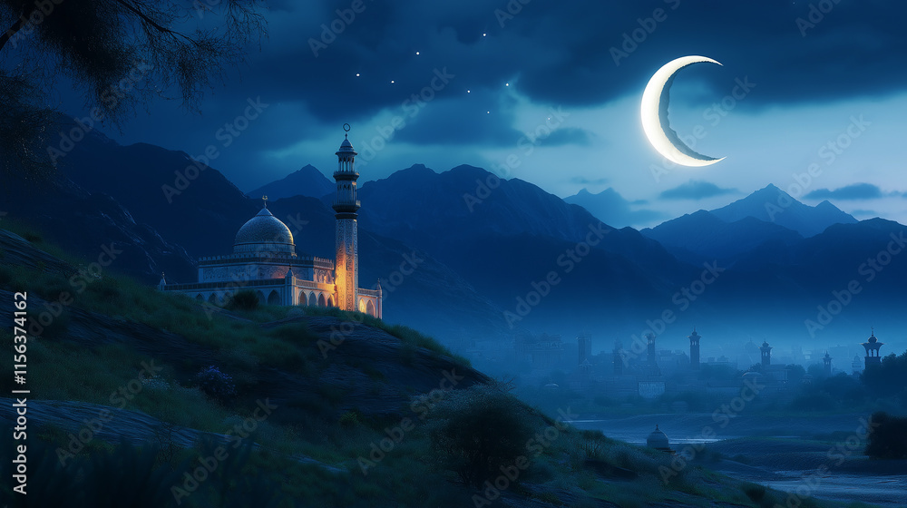 A small mosque nestled in a mountainous landscape, crescent moon casting a serene glow A small mosque nestled in a mountainous landscape, crescent moon casting a serene glow