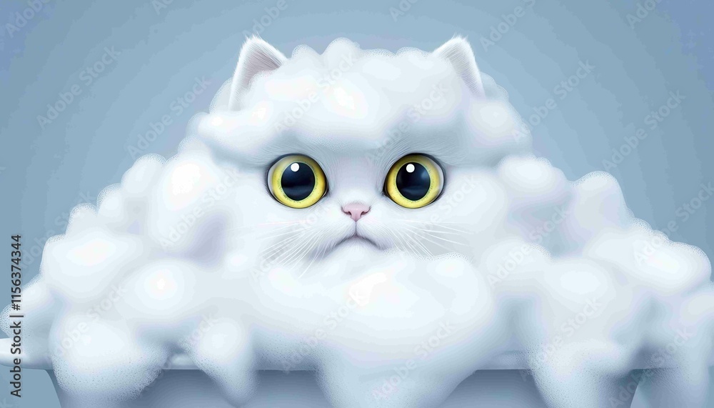 Obraz premium A fluffy white cat peeks out from a mound of bubbles, showcasing its large, expressive yellow eyes against a soft blue background.