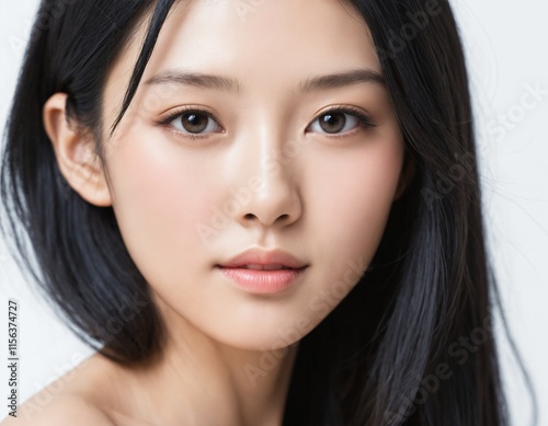 Portrait of a beautiful young Asian woman with fresh clean skin and long thick black hair