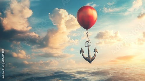 A red balloon with a chain attached to it is floating in the sky above the ocean. The scene is serene and peaceful, with the balloon and anchor representing freedom and stability