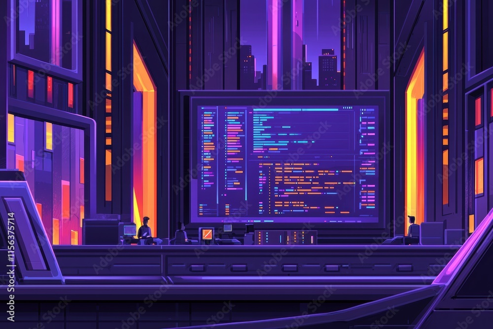 Fototapeta premium Futuristic Office with Neon Lighting and Coding Display at Night