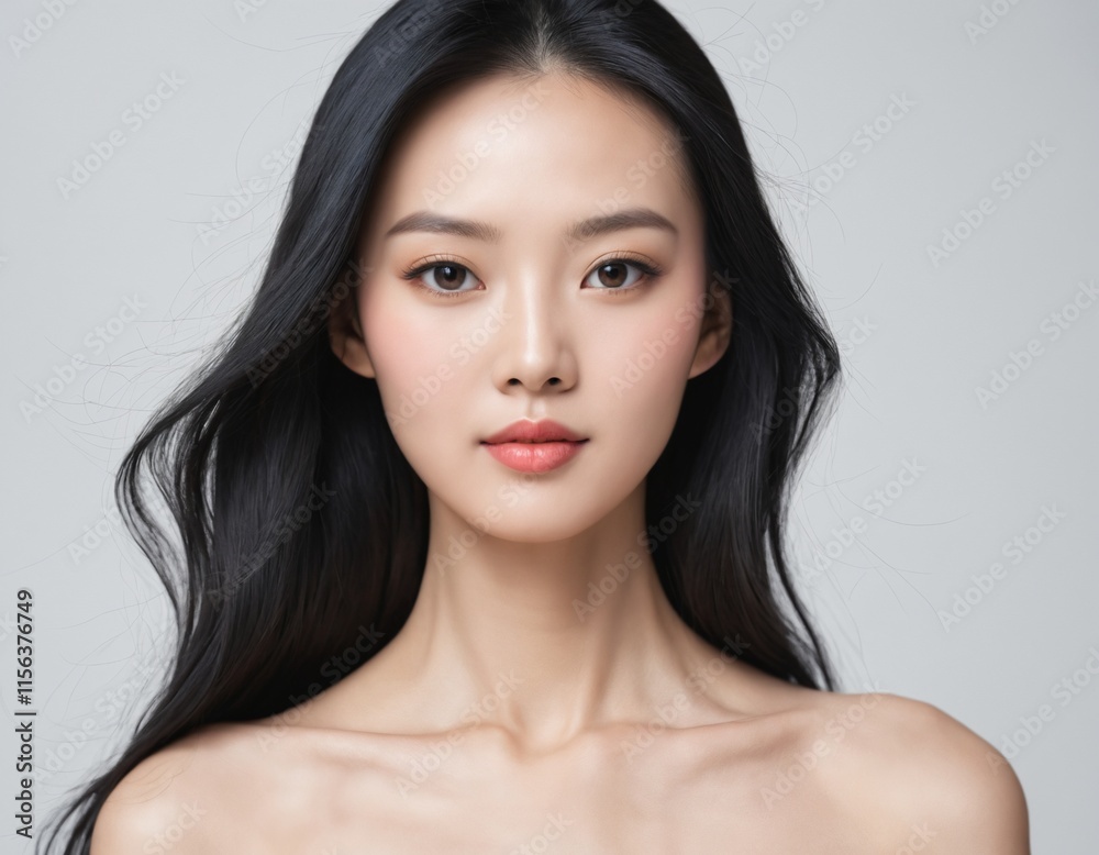 Naklejka premium Portrait of a beautiful young Asian woman with fresh clean skin and long thick black hair