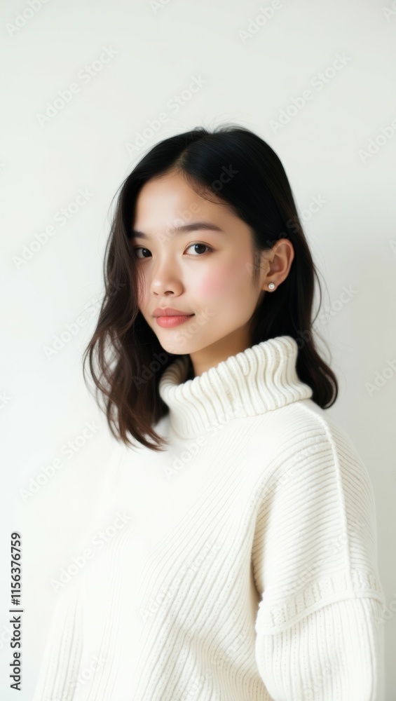 A woman wearing a white sweater, glancing sideways, perfect for modern or winter fashion promotions. A woman wearing a white sweater, glancing sideways, perfect for modern or winter fashion promotions.
